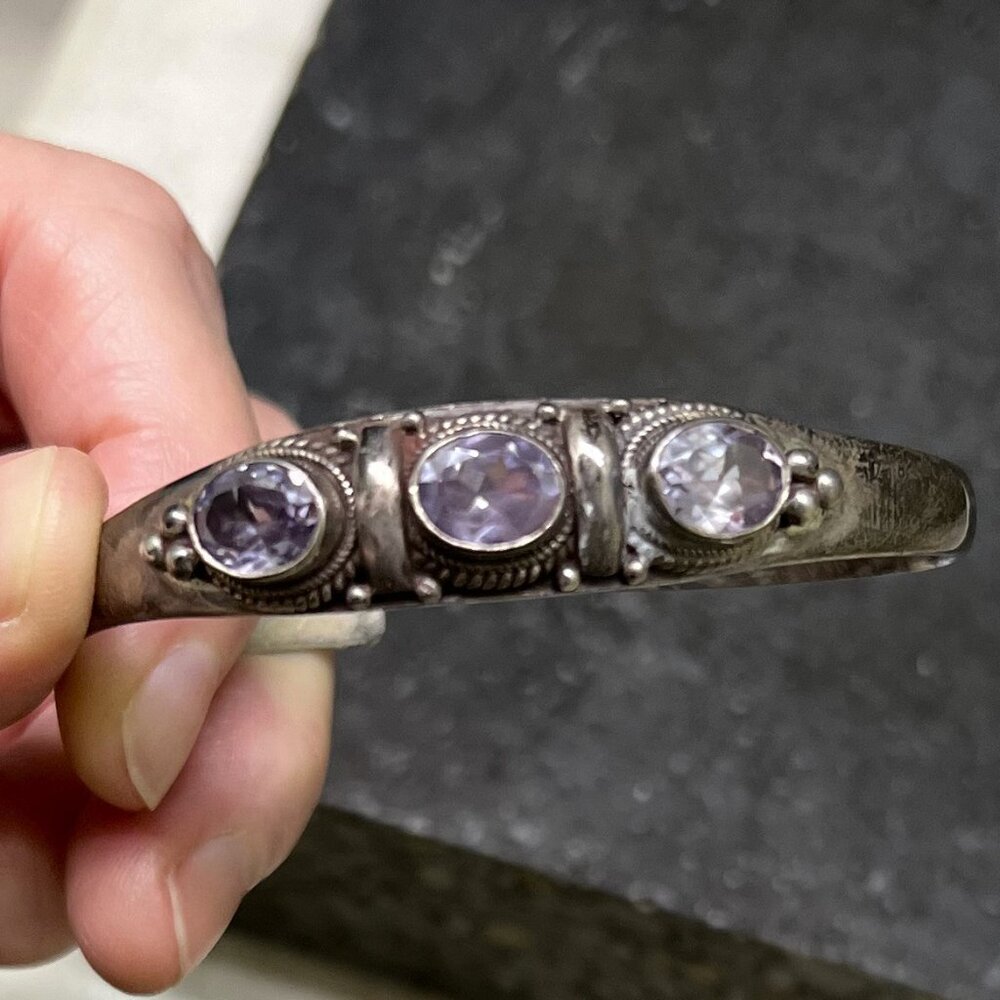 Vintage Handmade Nepalese Silver Three Amethyst Stone Open Cuff Bracelet